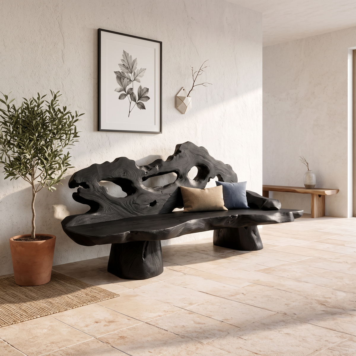 Natural Halloween Porch Bench With Root Inspired Legs And Carved Backrest