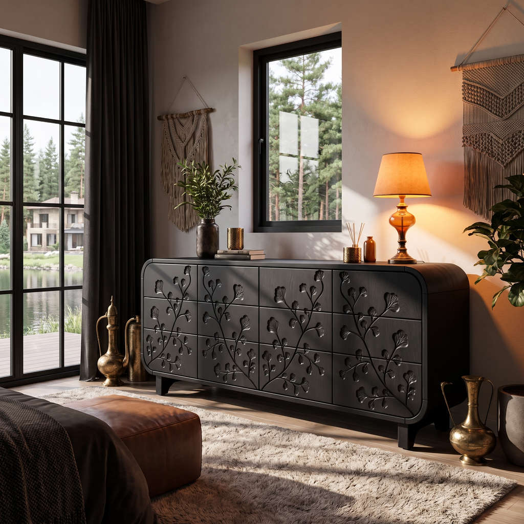 Minimalist All Wood Dresser With Subtle Leaf Carving And Soft Rounded Frame For Bedroom