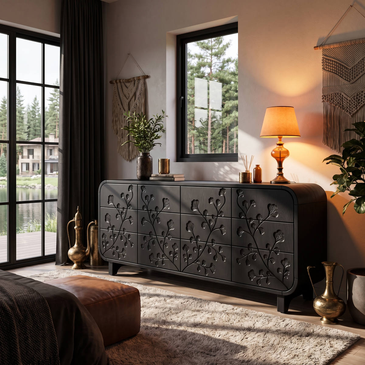 Minimalist All Wood Dresser With Subtle Leaf Carving And Soft Rounded Frame For Bedroom