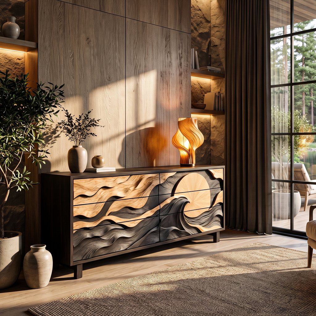Modern Wooden Dresser With Wave Carved Drawer Fronts For Bedroom