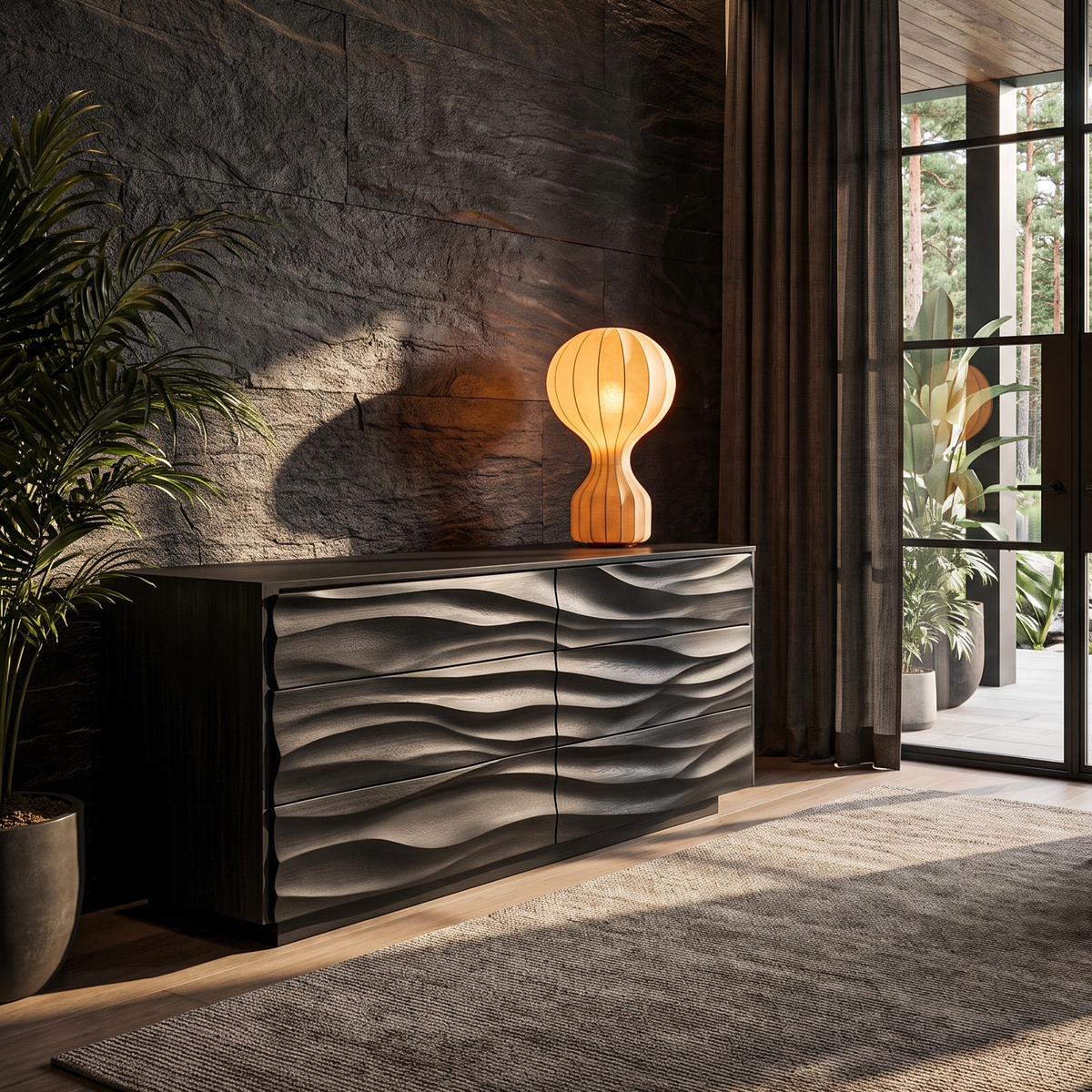 Modern Black Dresser With Wave Carved Front And Square Edge Design For Bedroom