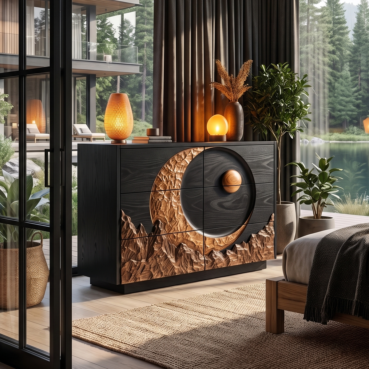 Mid Century Dresser With Celestial Eclipse Carving For Bedroom