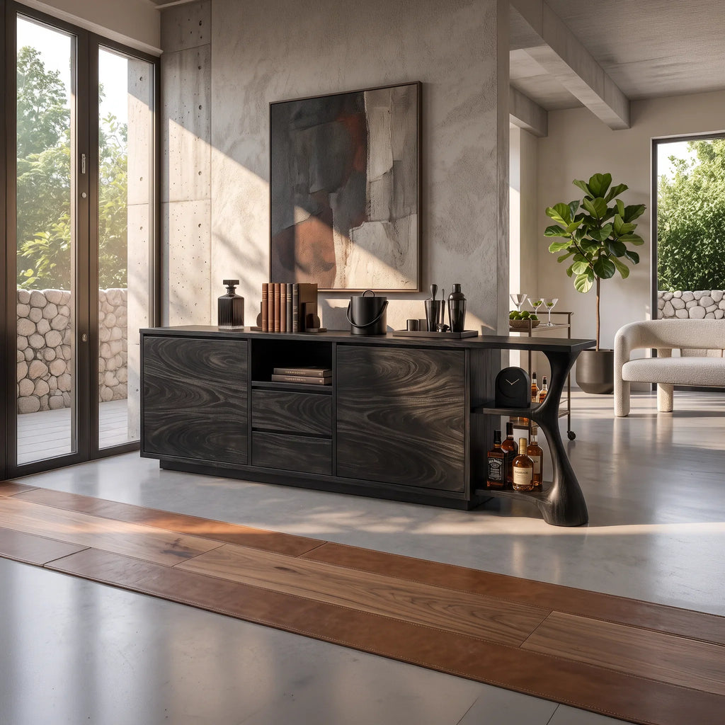 Rustic Relief Carved Sideboard Cozy Living Room