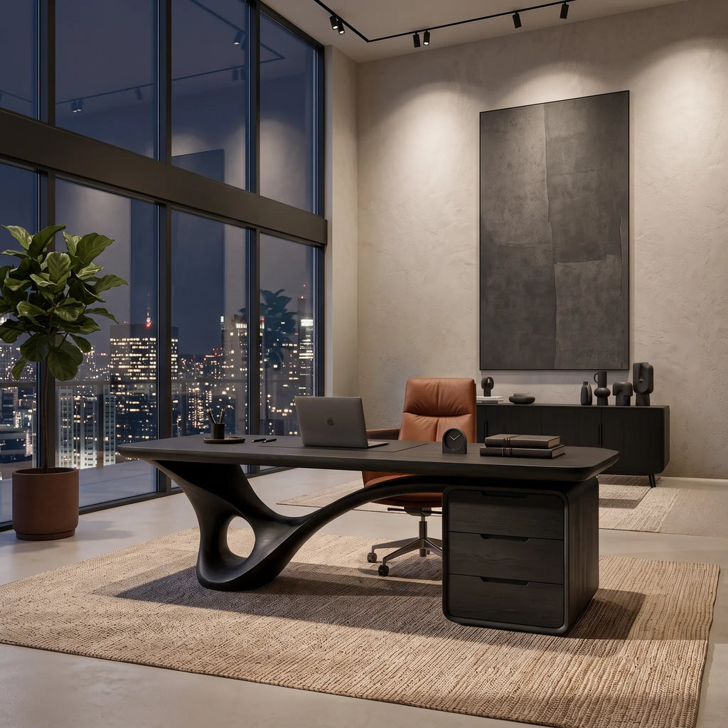 Modern Executive Desk Curved Base With Drawers For Home Office