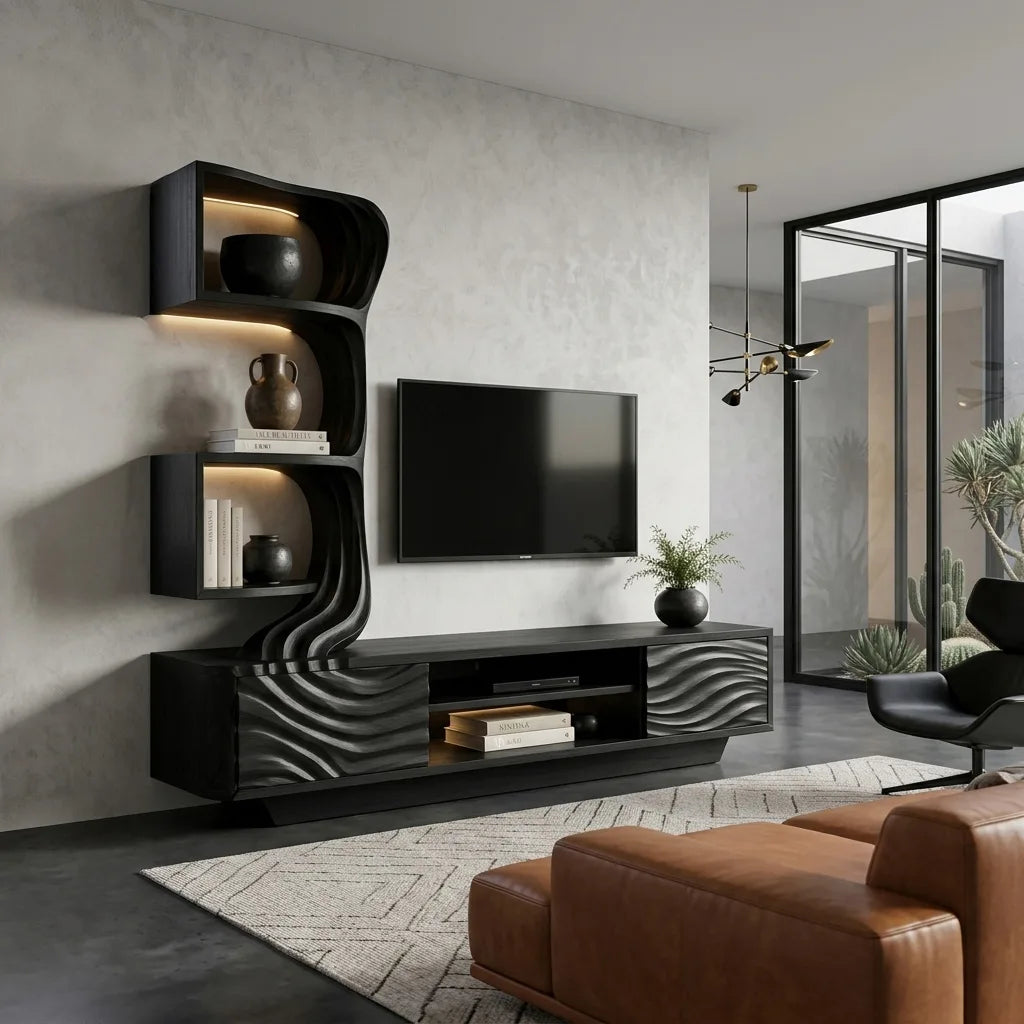 Modern Wave Carved TV Stand With Shelving For Living Room
