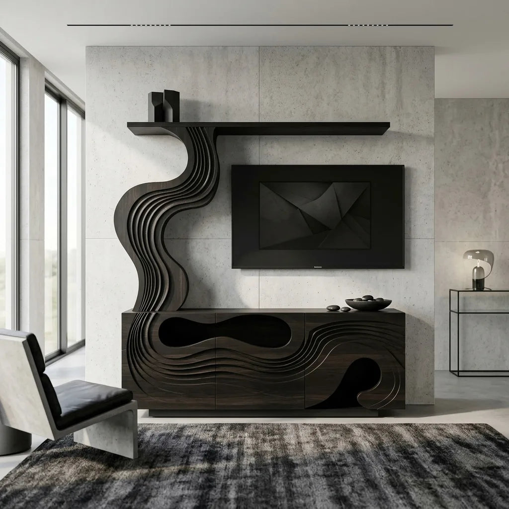 Sculptural Carved Wooden TV Stand With Display Shelf For Living Room