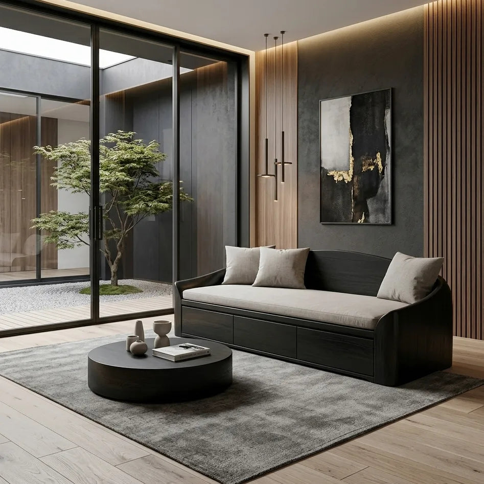 Contemporary Wooden Sofa With Drawers For Living Room