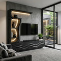 Contemporary Wave Carved Wooden TV Stand With Shelf For Living Room