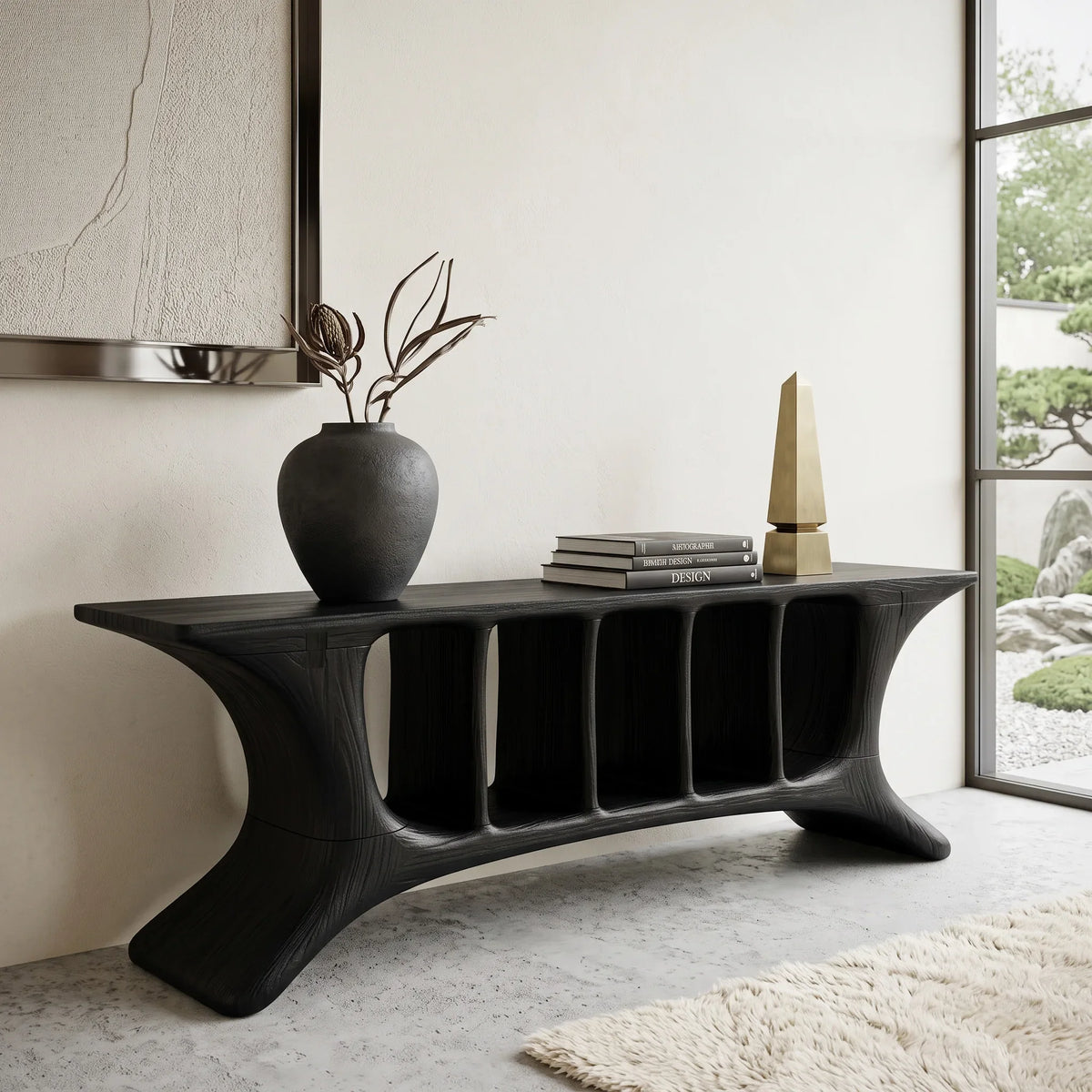 Modern Sculptural Open Shelf Console Table For Living Room