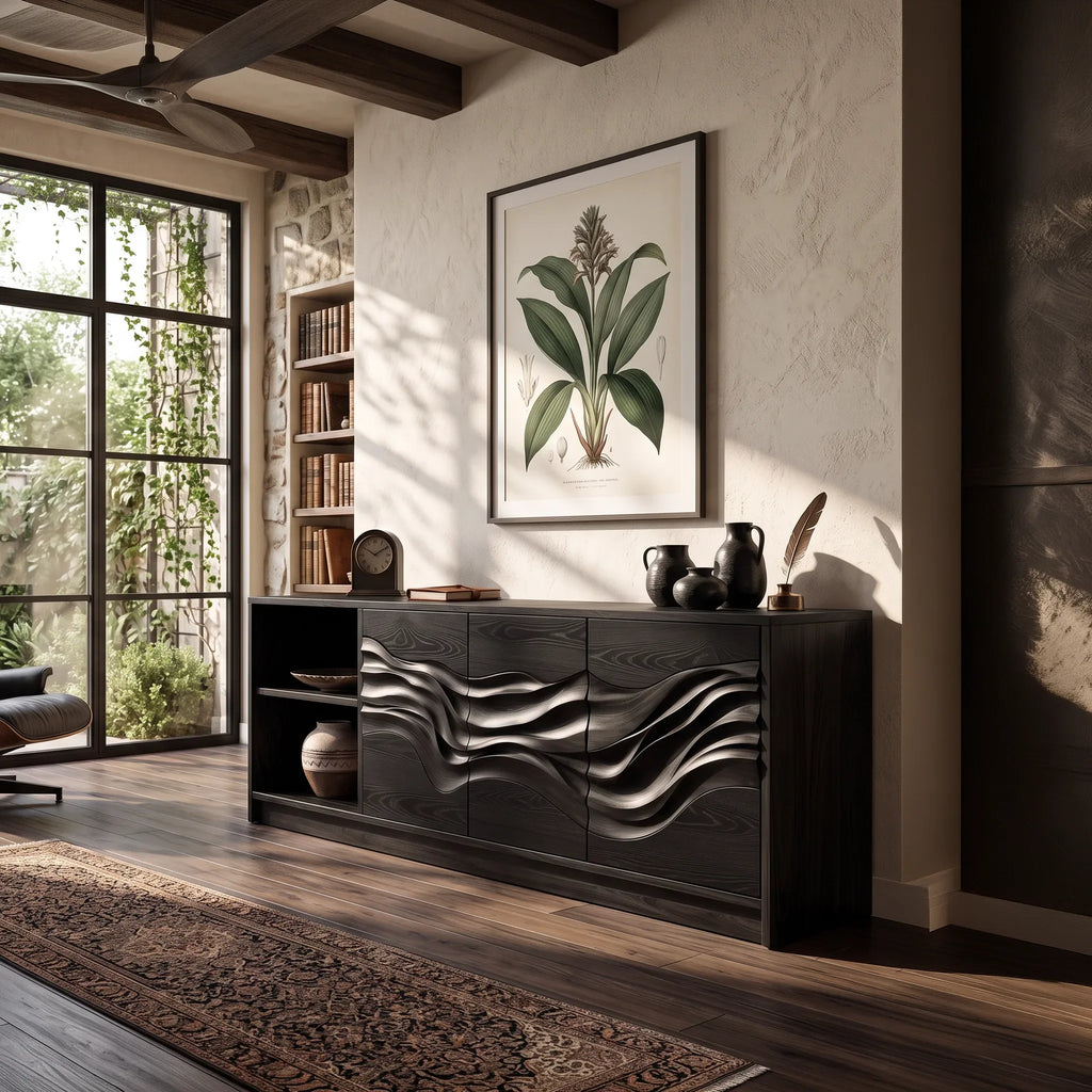 Handcrafted Ripple Carved Sideboard Cozy Dining Room