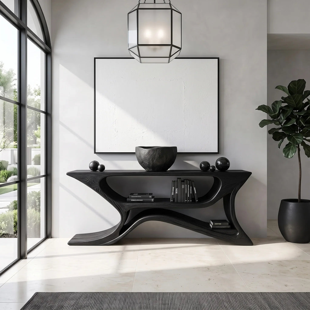 Modern Sculptural Open Shelf Console Table For Entryway
