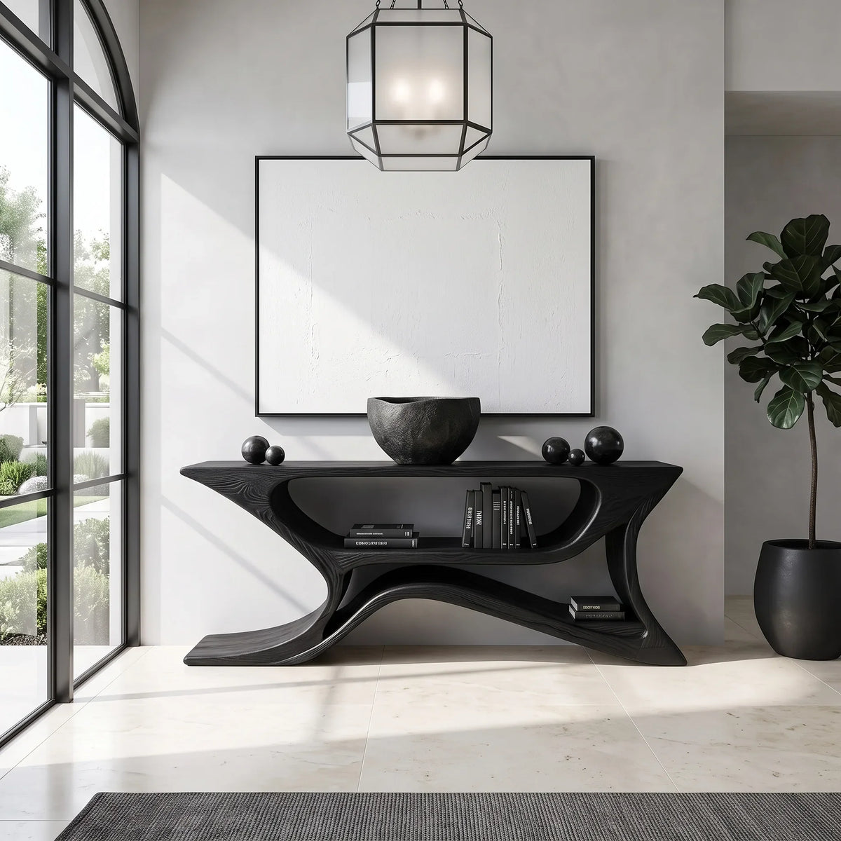 Modern Sculptural Open Shelf Console Table For Entryway