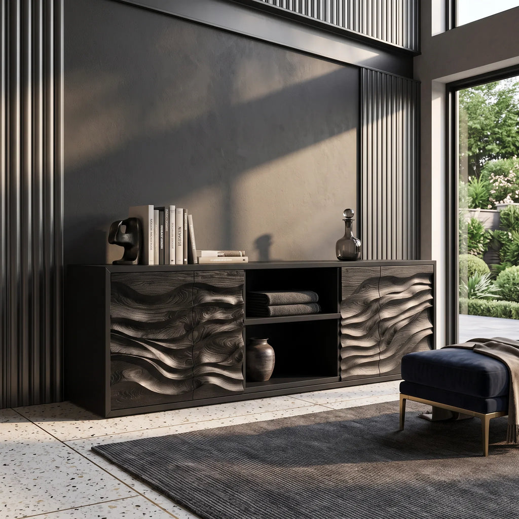 Contemporary Tall Sculpted Sideboard Bright Living Room