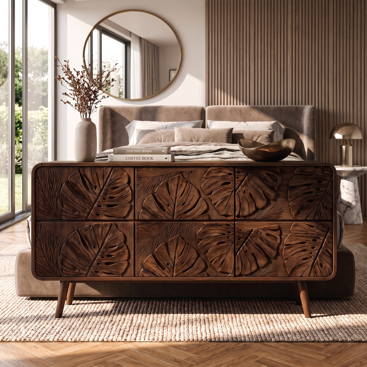 Rustic Dresser With Carved Floral Front For Bed Room