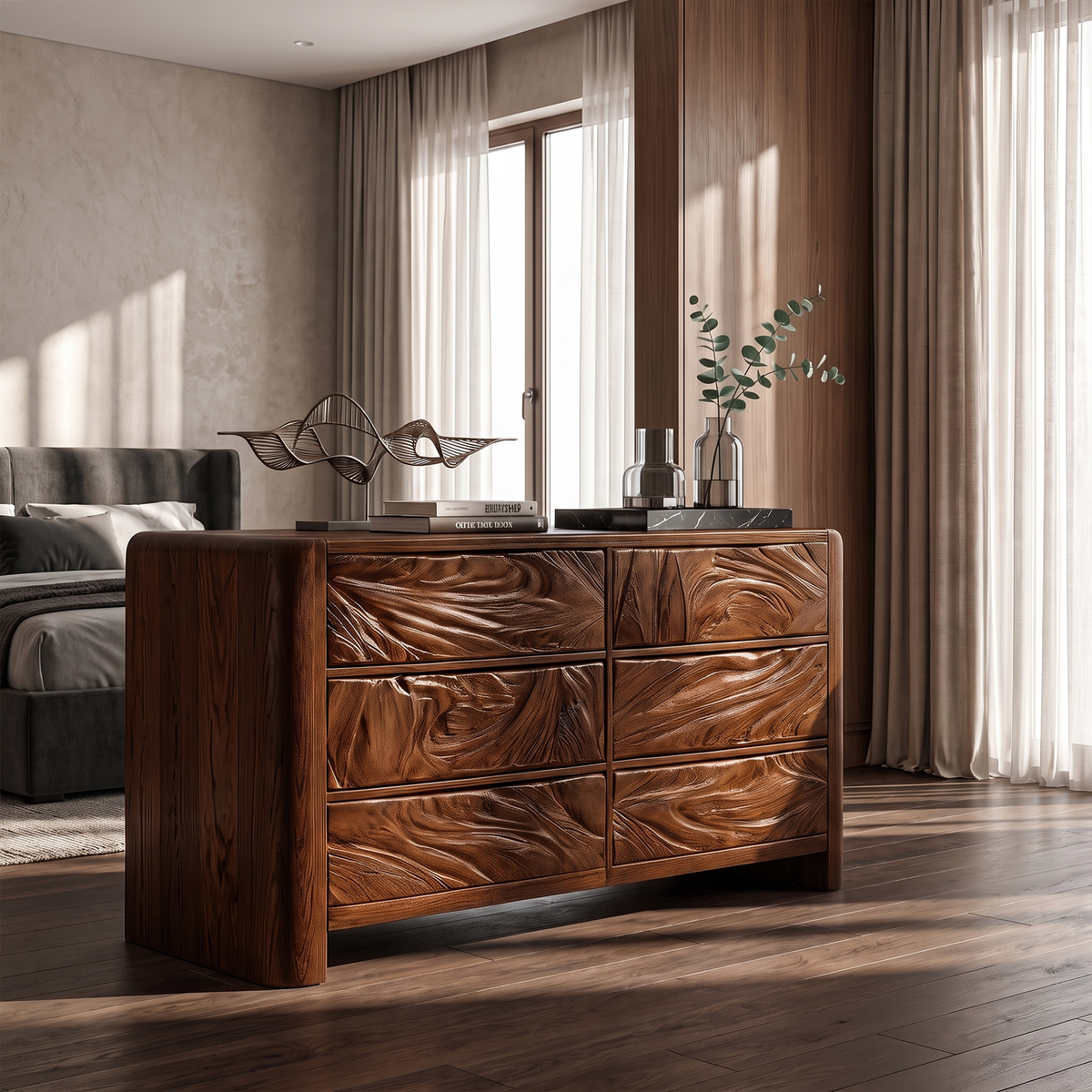 Mid Century Dresser With Carved Flowing Drawer Front For Bedroom