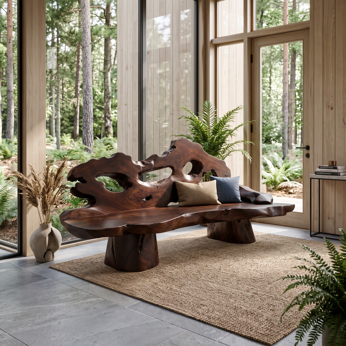 Natural Halloween Porch Bench With Root Inspired Legs And Carved Backrest