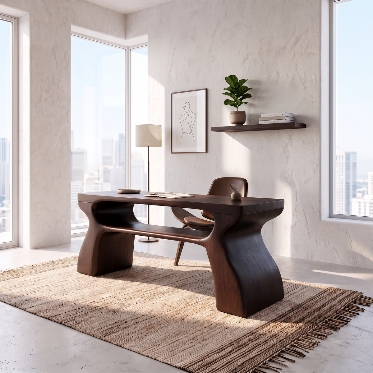 Mid Century Office Desk With Symmetrical Arch Legs For Home Office