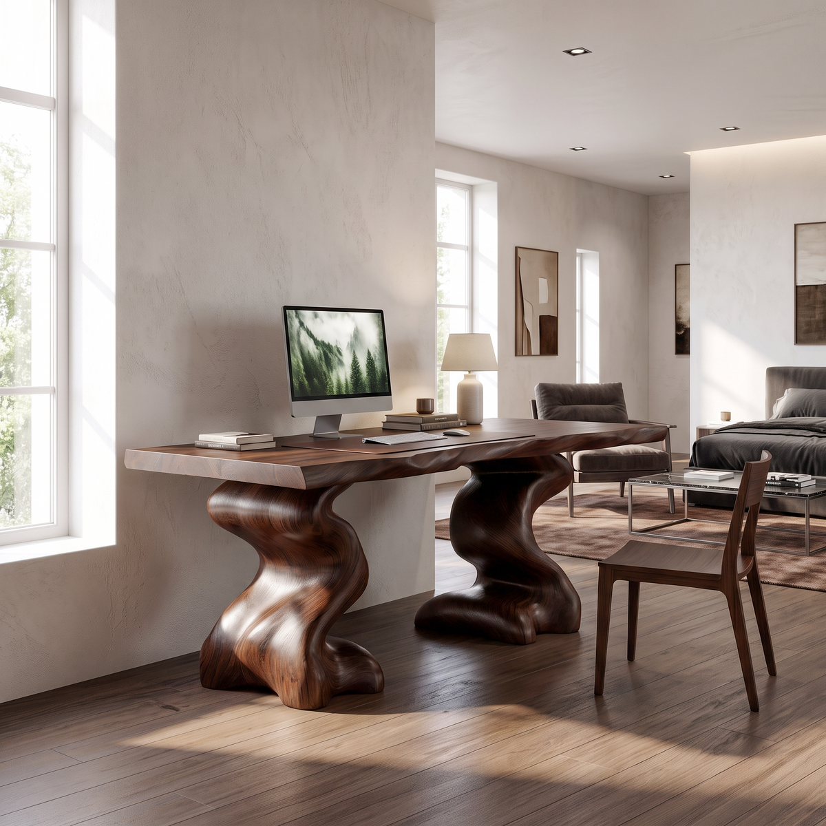 Natural Wooden Desk With Root Form Base For Workspace