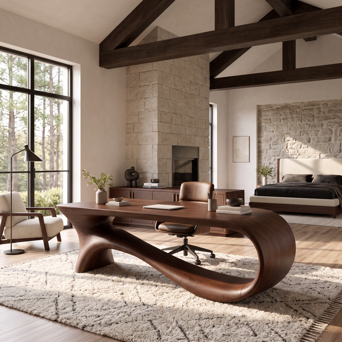 Contemporary Office Desk With Asymmetrical Curved Legs For Workspace