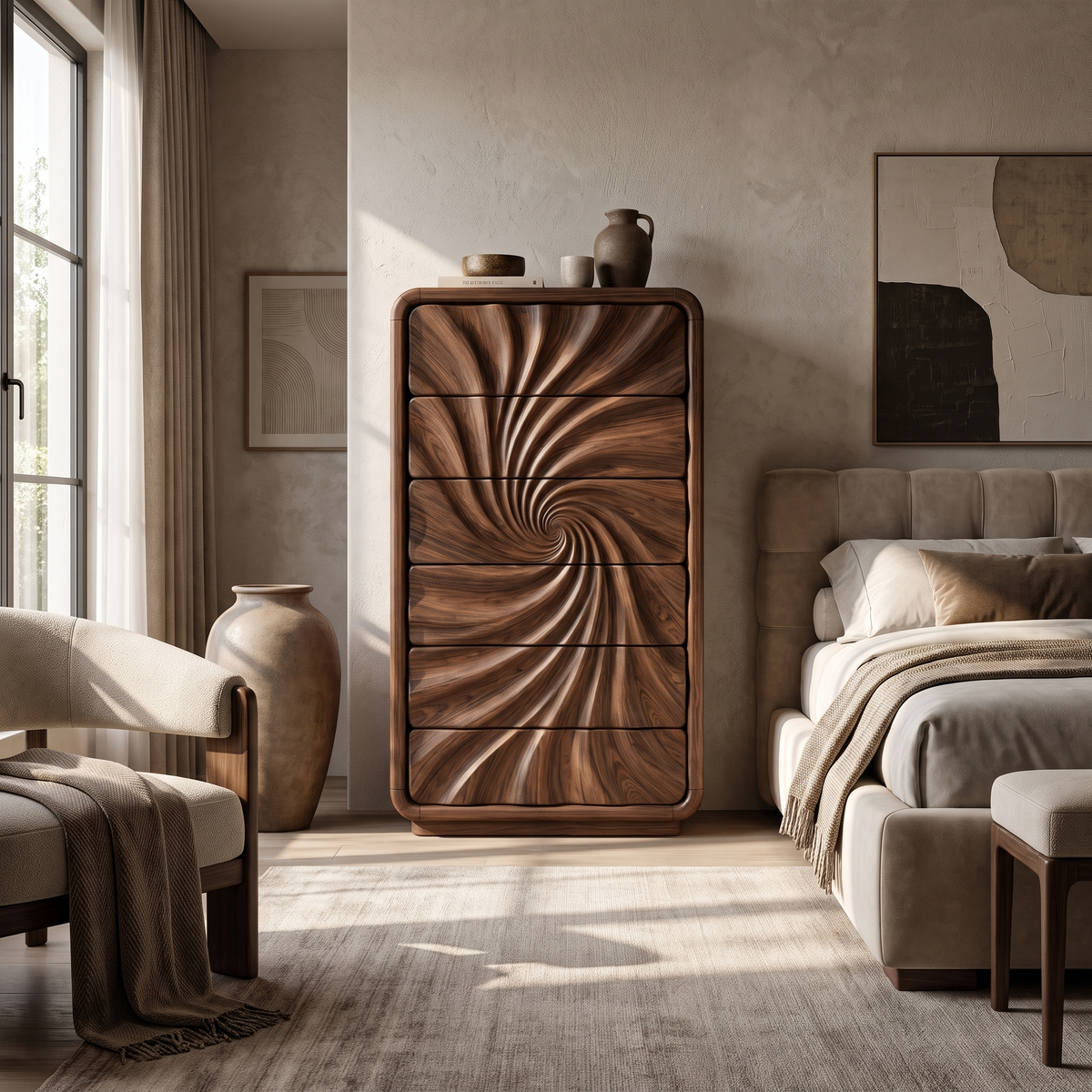 Modern Tall Dresser With Flowing Wave Drawer Design For Bedroom