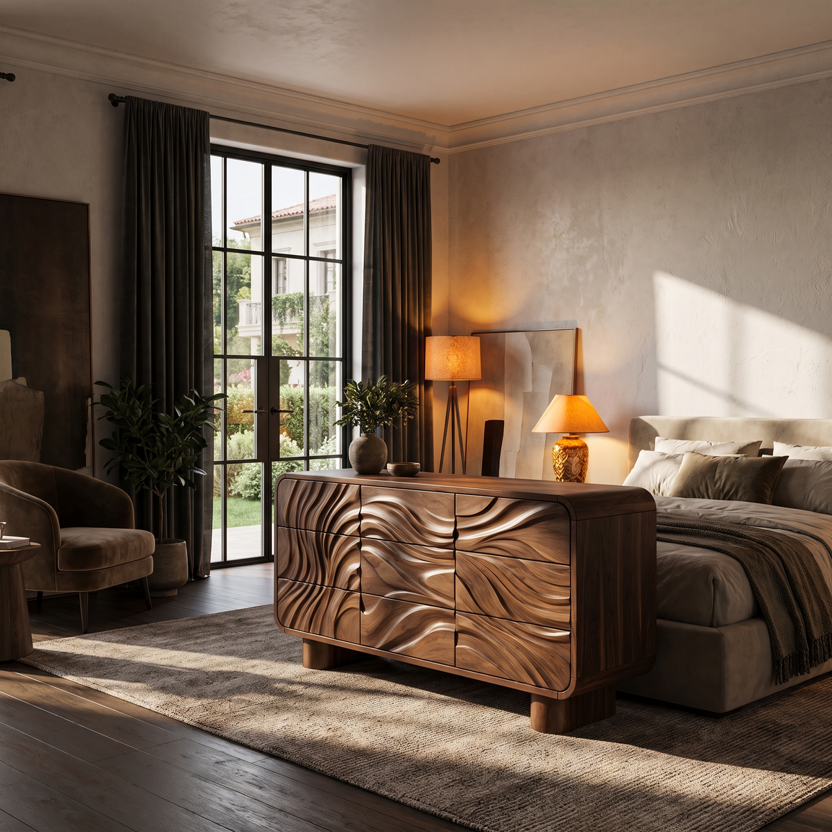 Contemporary Bedroom Dresser Drawers With Sculpted Wave Pattern And Curved Corners For Bedroom