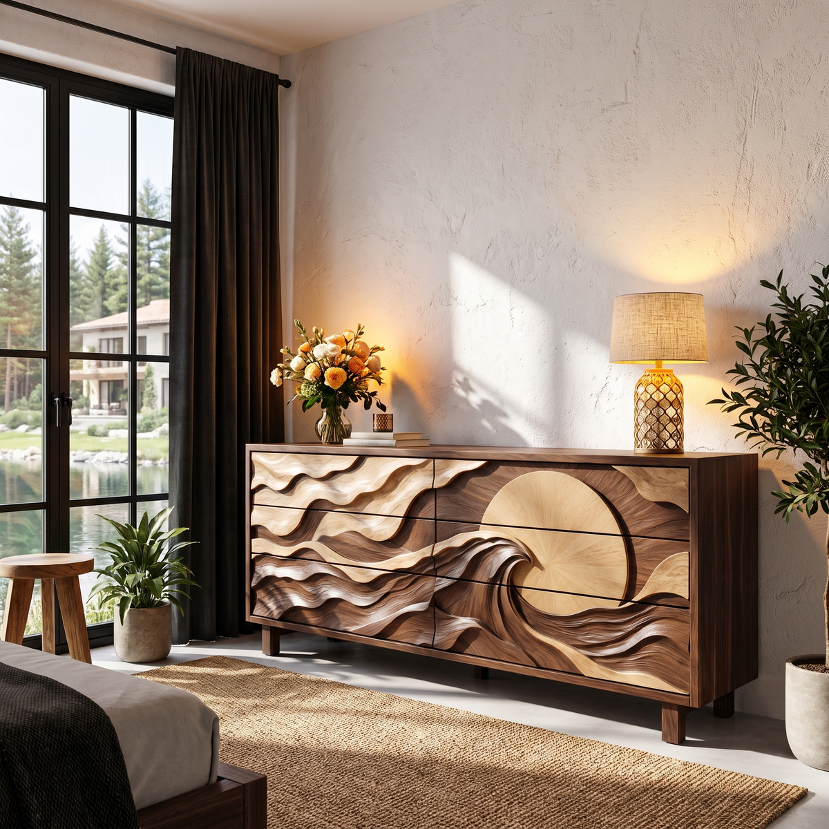Modern Wooden Dresser With Wave Carved Drawer Fronts For Bedroom