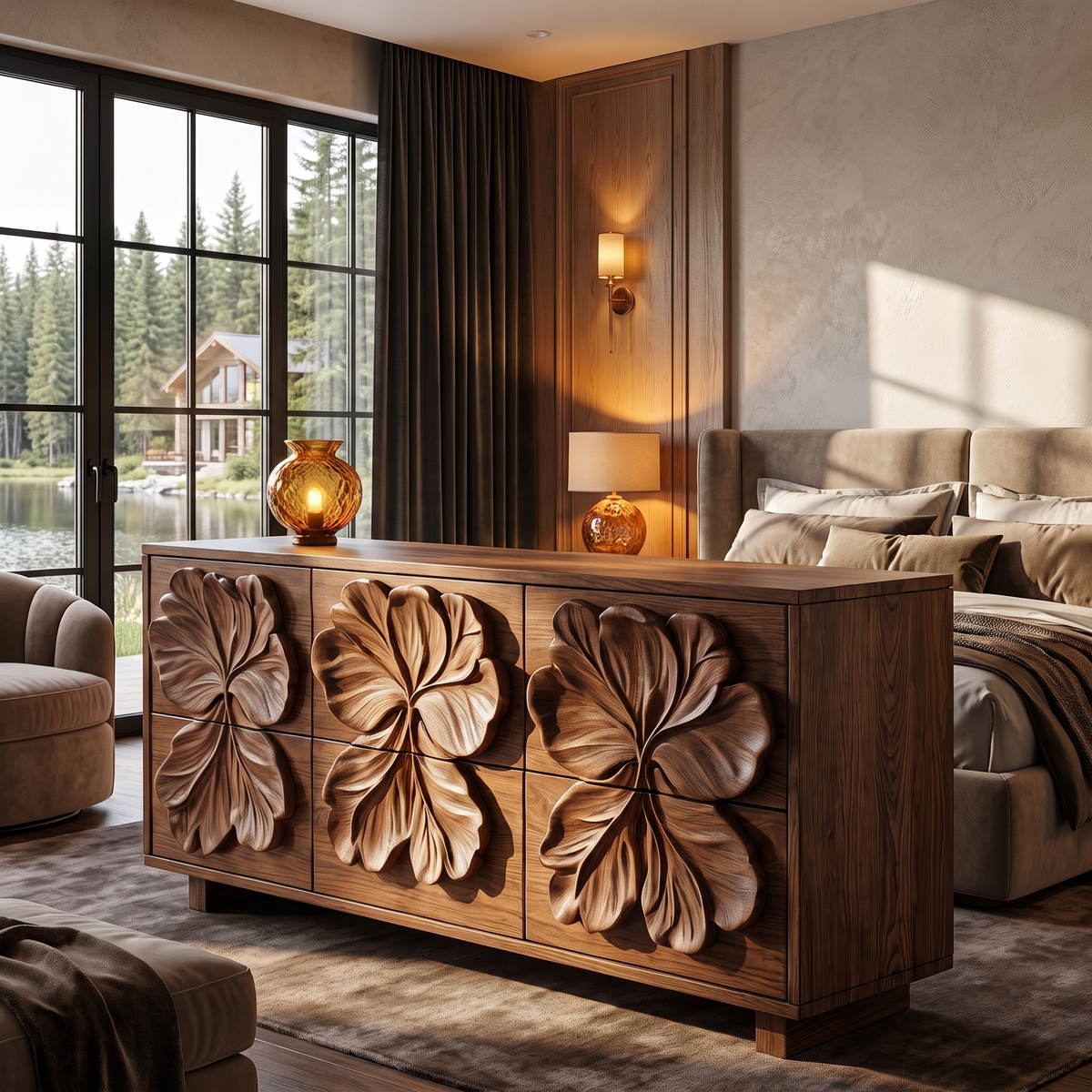 Rustic Bedroom Dresser With Hand Carved Floral Drawer Fronts And Natural Form For Bedroom