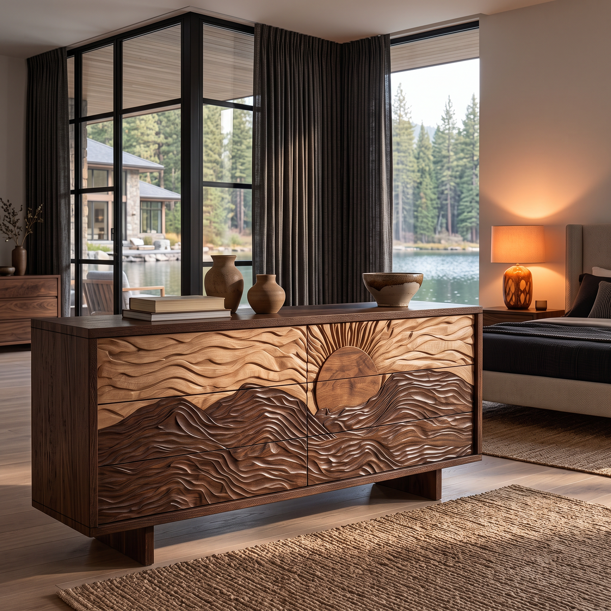 Modern Black Dresser With Mountain Landscape Carved Front For Bedroom