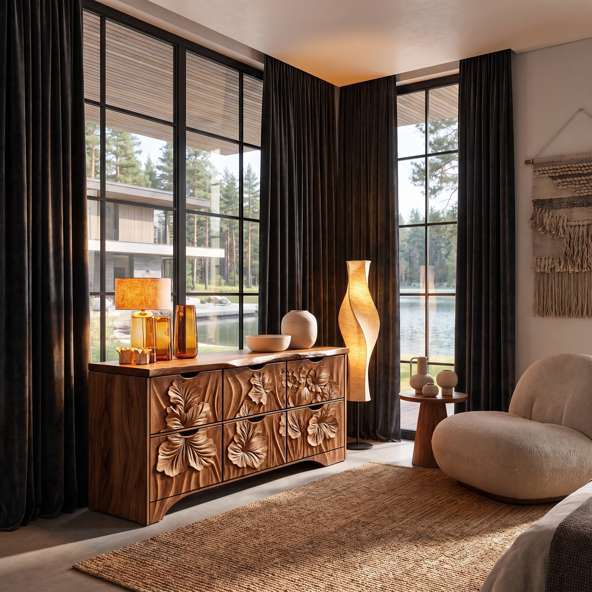 Organic Bedroom Dresser With Flowing Leaf Carved Design For Bedroom