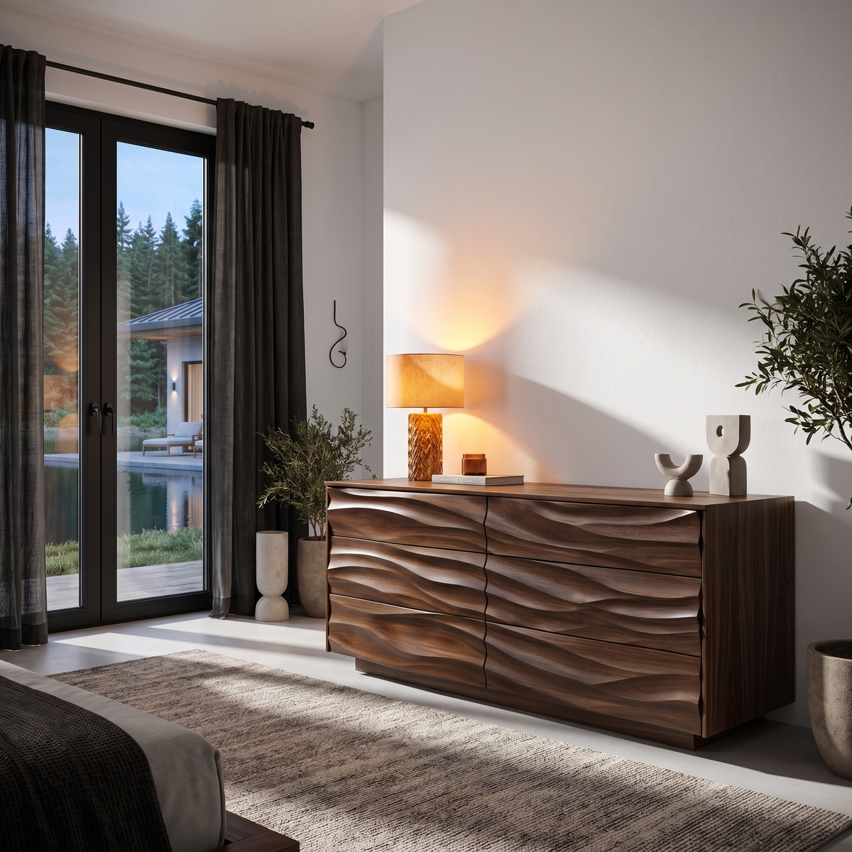 Modern Black Dresser With Wave Carved Front And Square Edge Design For Bedroom