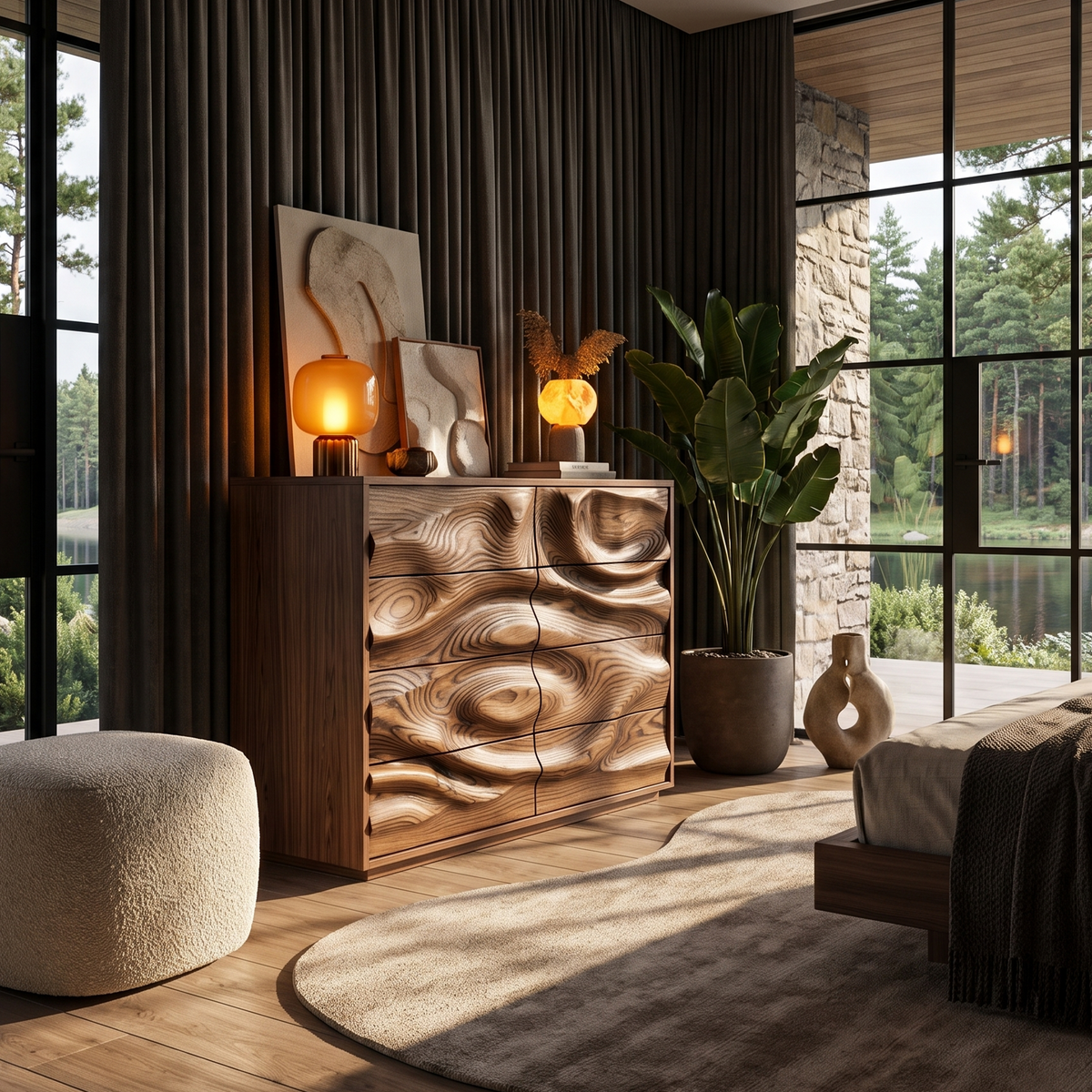 Contemporary Wooden Dresser With Sculpted Ripple Drawers For Bedroom
