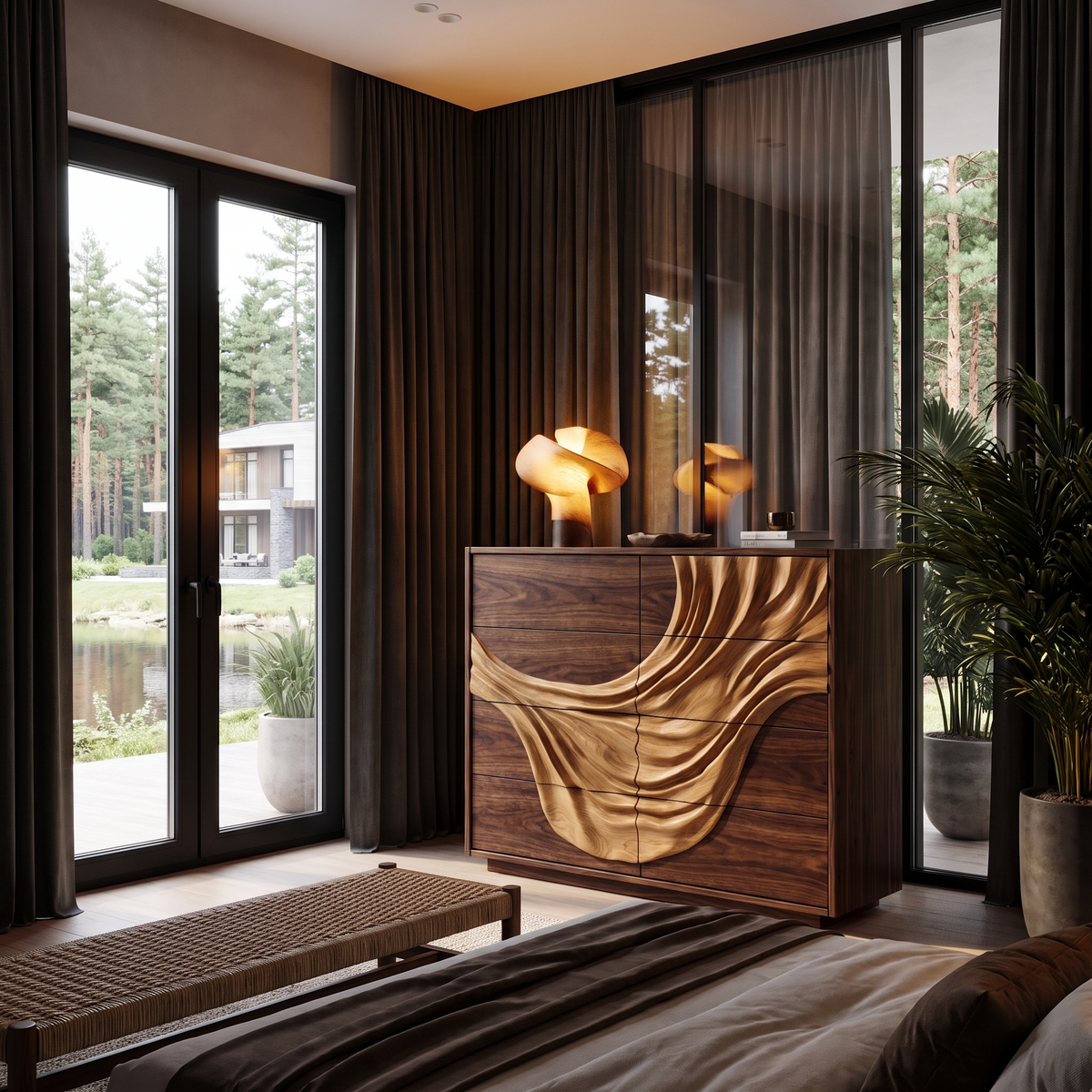 Contemporary Black Dresser With Strong Linear Detailing For Bedroom