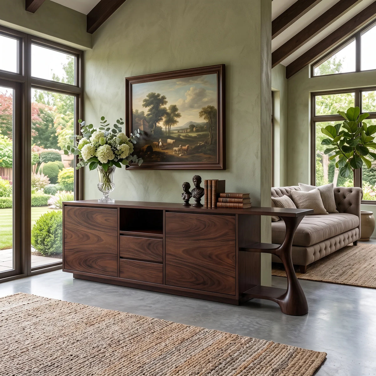 Rustic Relief Carved Sideboard Cozy Living Room