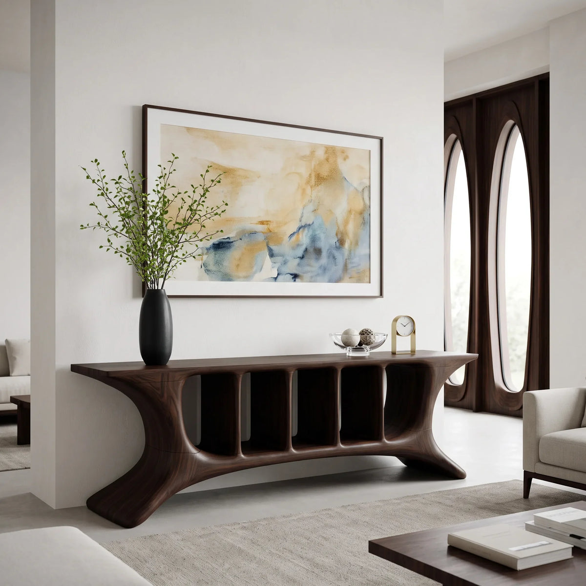 Modern Sculptural Open Shelf Console Table For Living Room