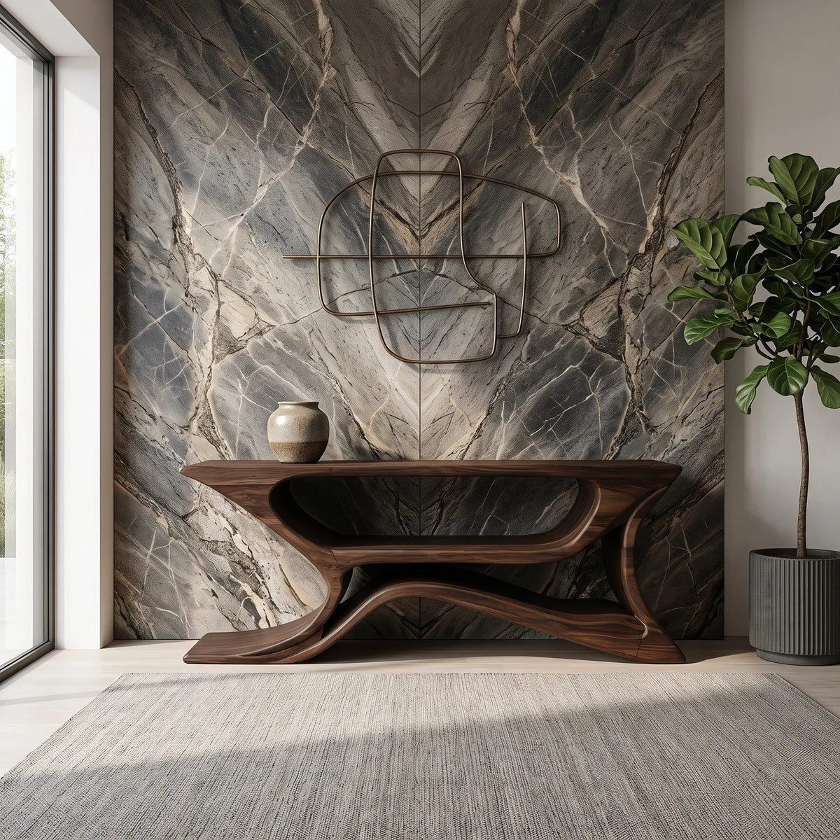 Modern Sculptural Open Shelf Console Table For Entryway