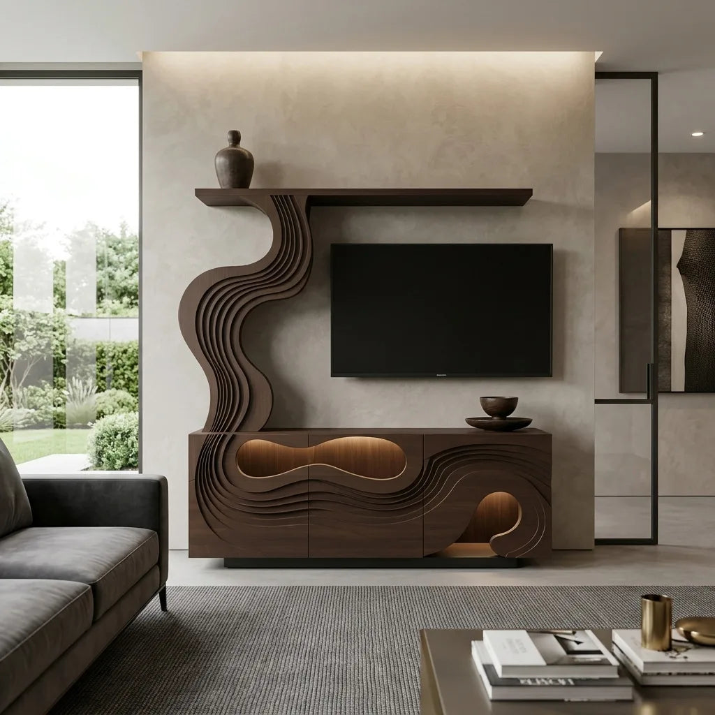 Sculptural Carved Wooden TV Stand With Display Shelf For Living Room