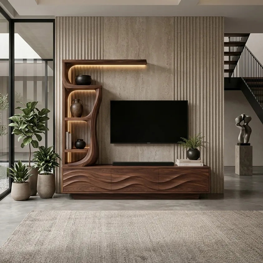 Contemporary Wave Carved Wooden TV Stand With Shelf For Living Room