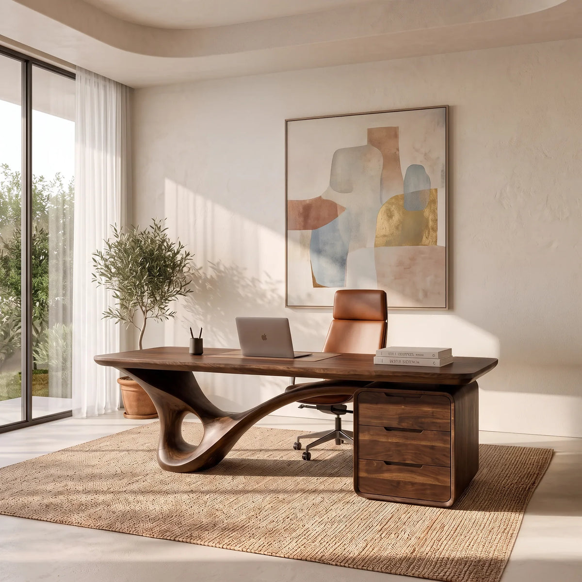 Modern Executive Desk Curved Base With Drawers For Home Office