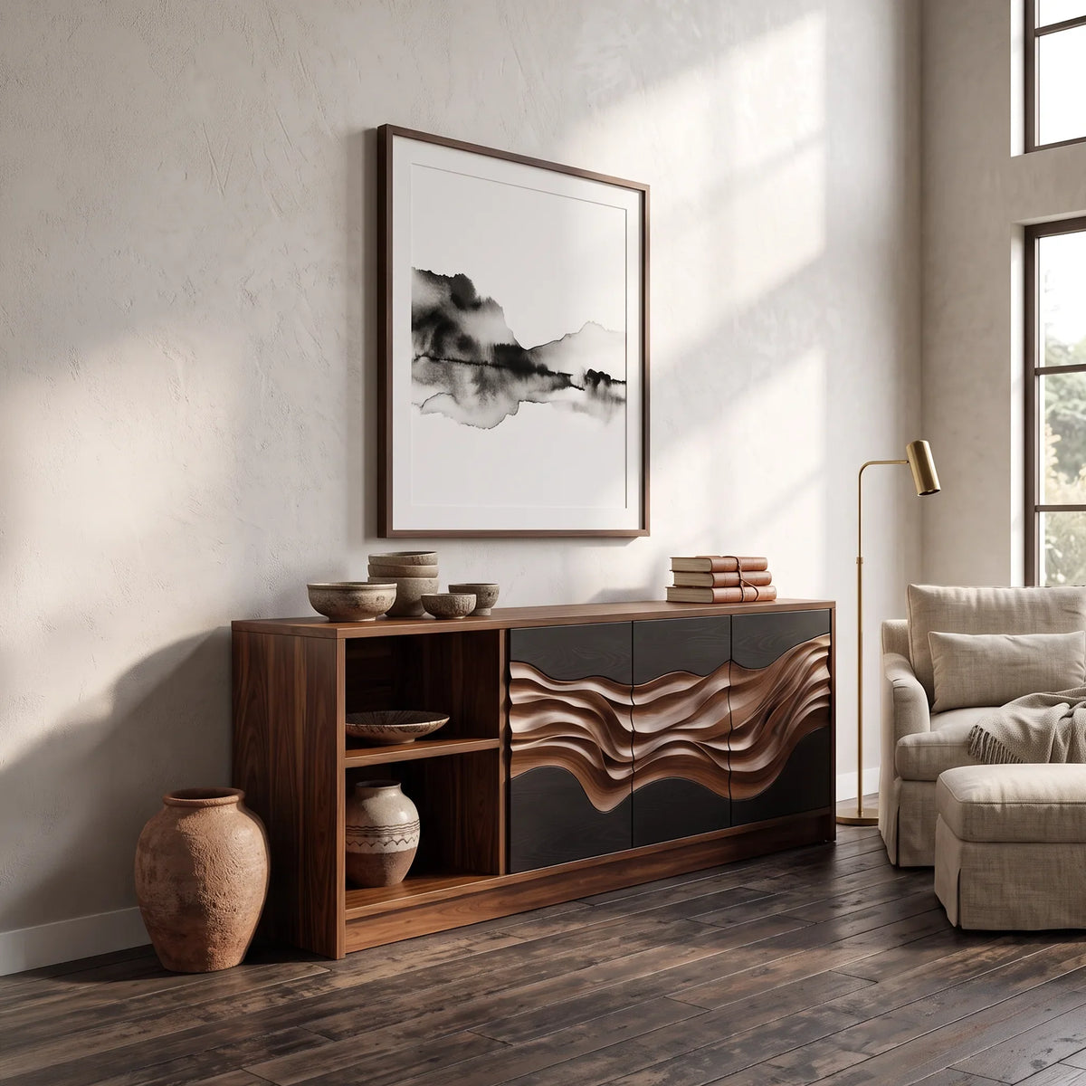 Handcrafted Ripple Carved Sideboard Cozy Dining Room