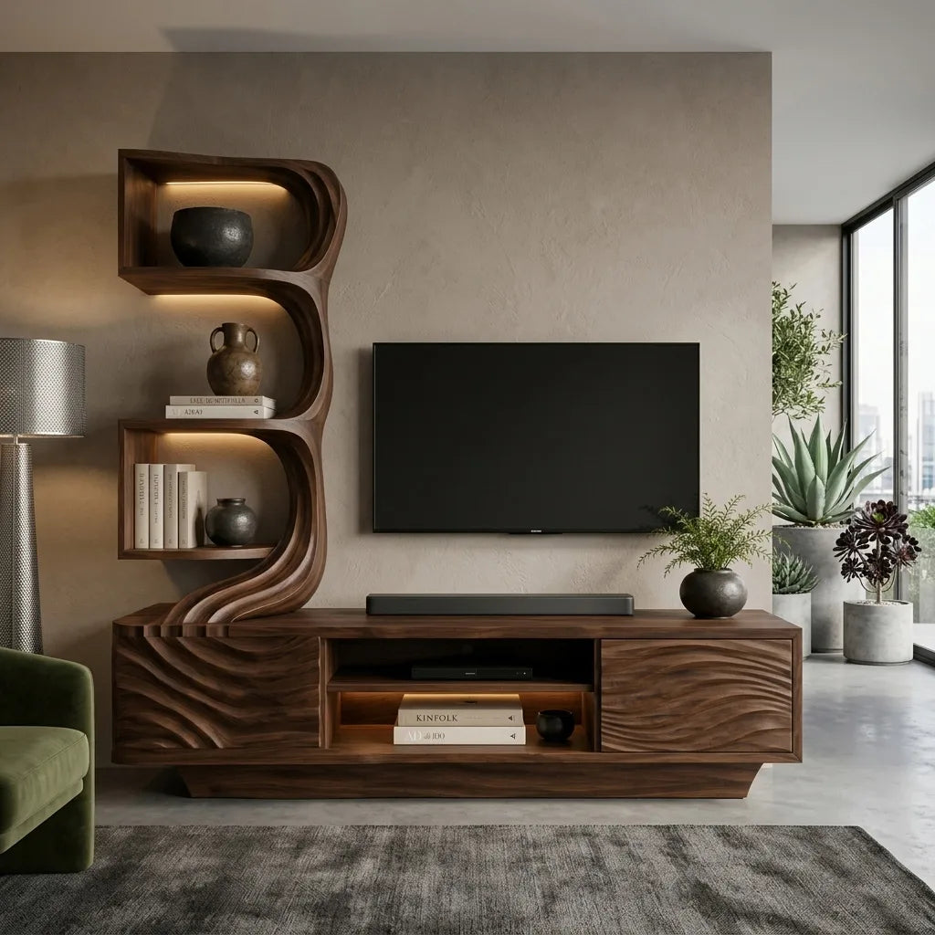 Modern Wave Carved TV Stand With Shelving For Living Room