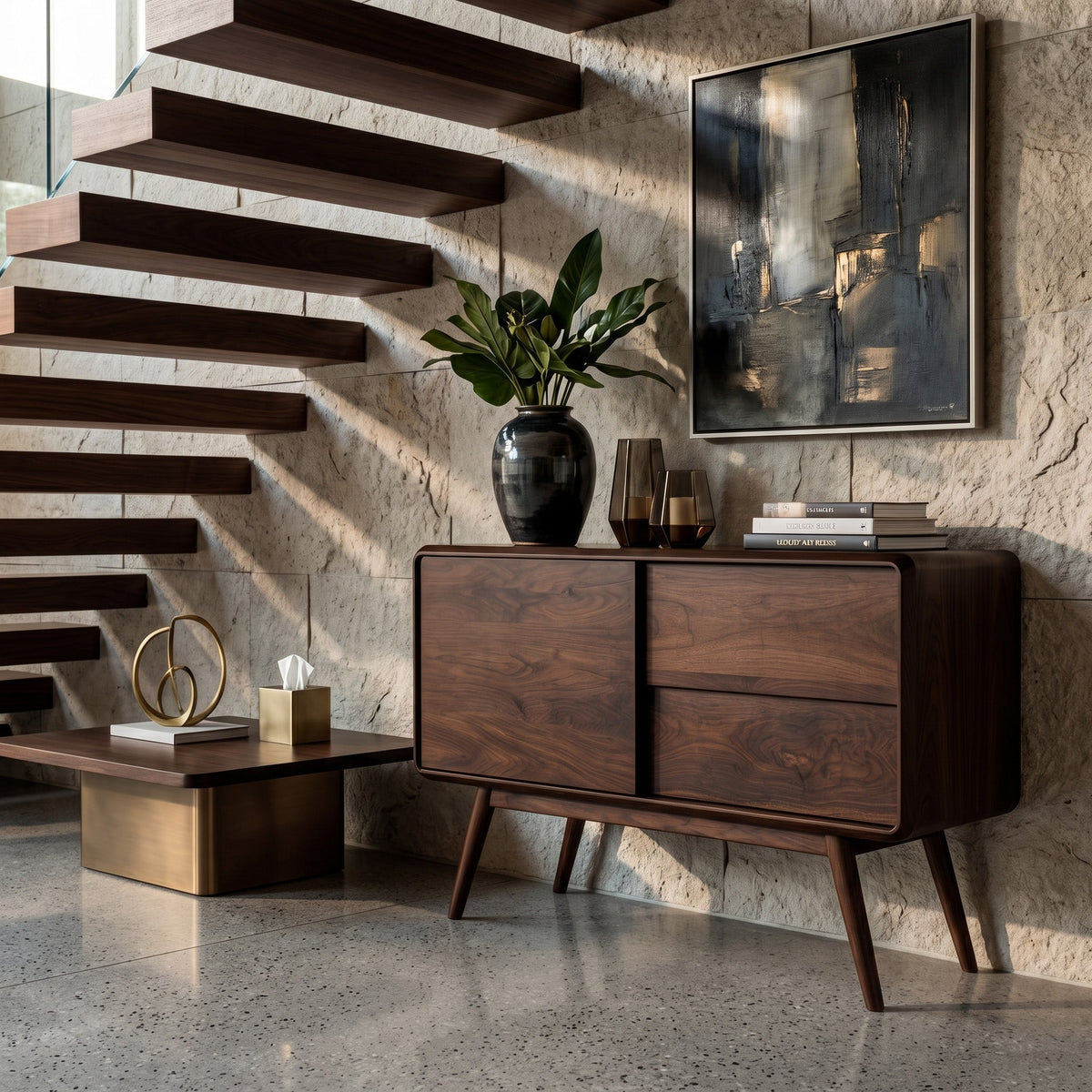 Mid Century Rounded Console Table With Compartments For Living