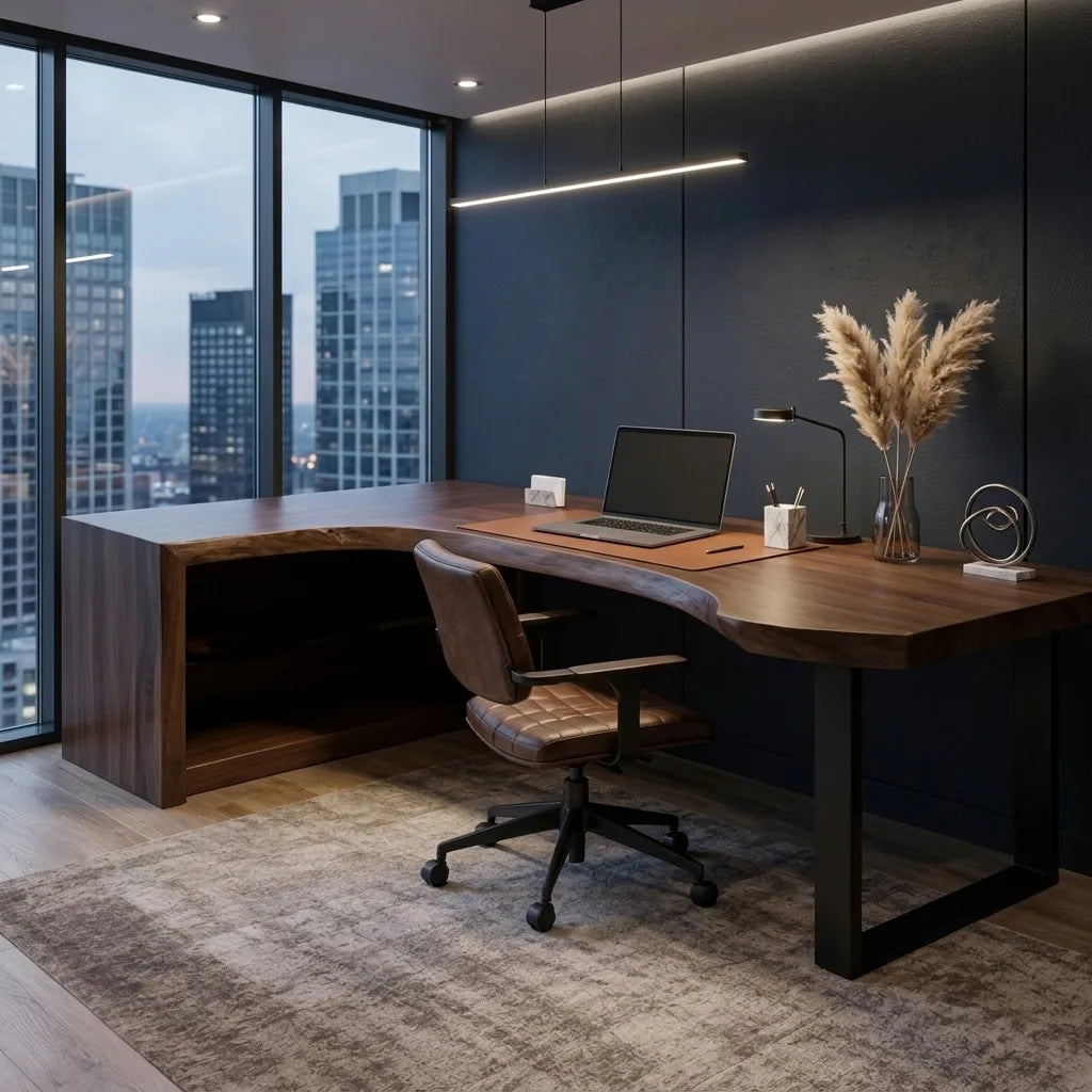 Rustic Live Edge L-Shaped Desk For Home Office