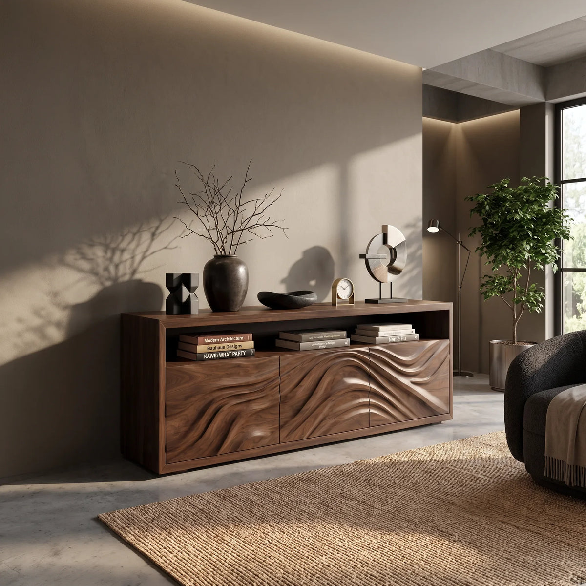 Minimalist Scalloped Carved Sideboard Bright Living Room