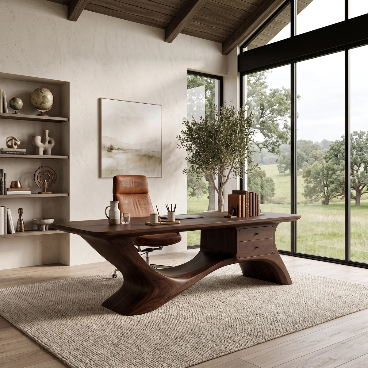 Sculptural Office Desk Organic Curved Base For Executive Office