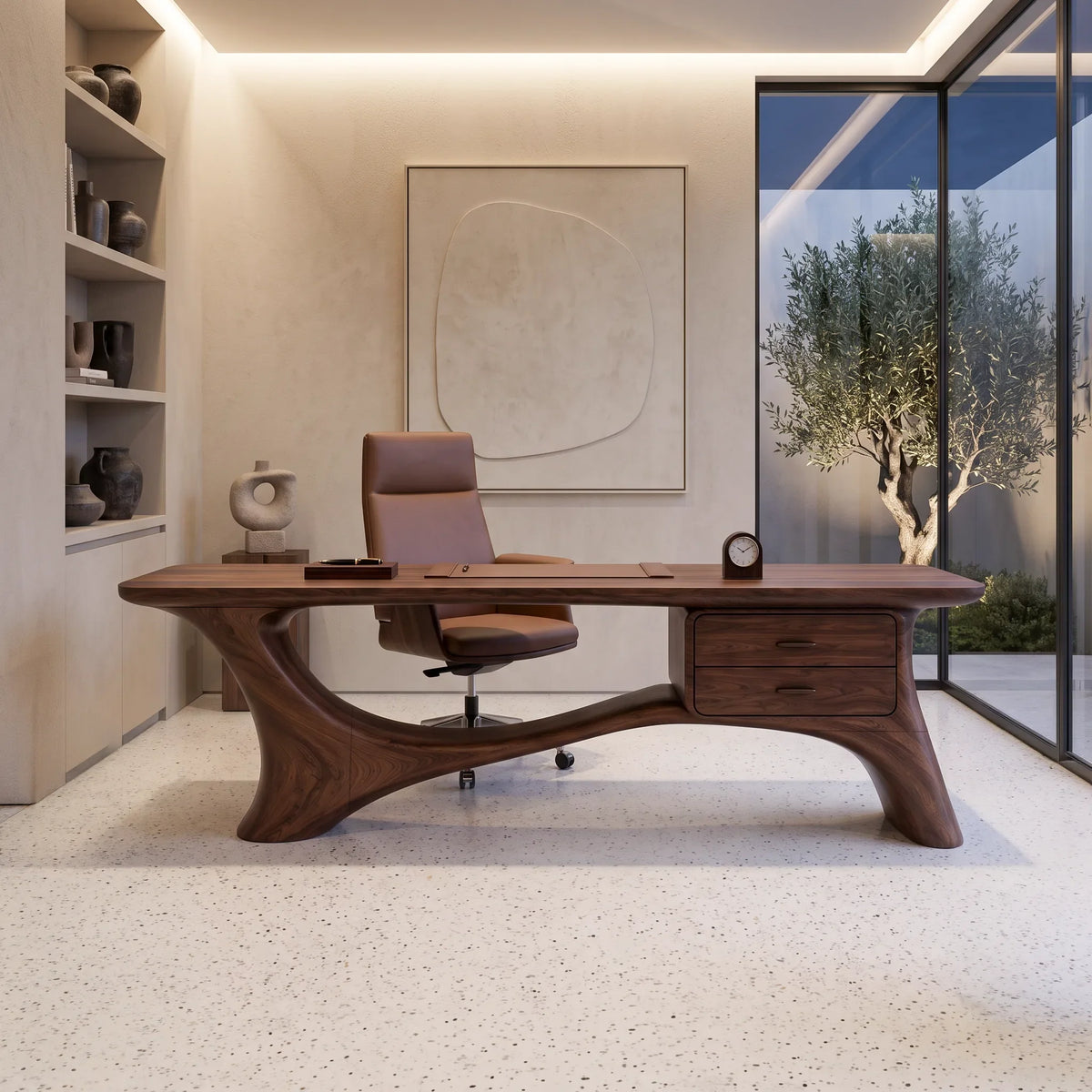 Contemporary Office Desk Sculptural Curved Base Modern Workspace