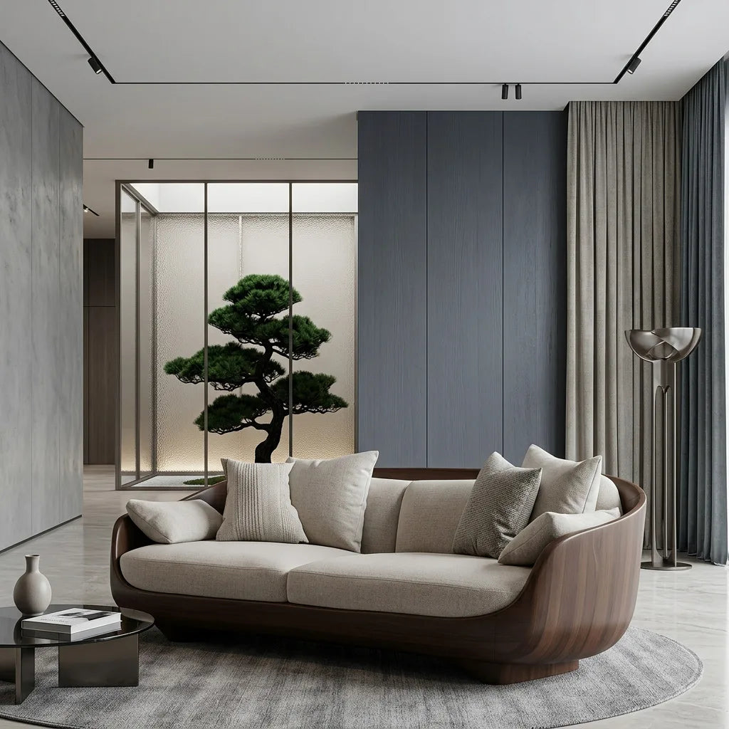 Contemporary Curved Wooden Sofa With Upholstered Seat For Living Room