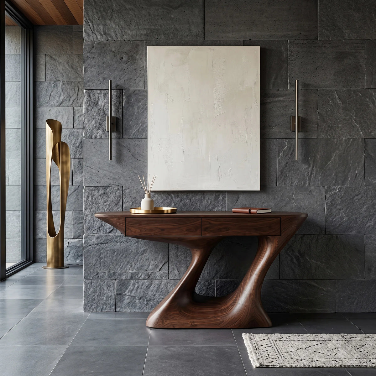 Organic Modern Sculptural Console Table With Drawers For Entryway