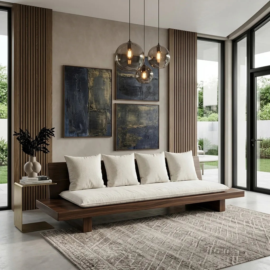 Minimalist Wooden Sofa With Cushions For Living Room