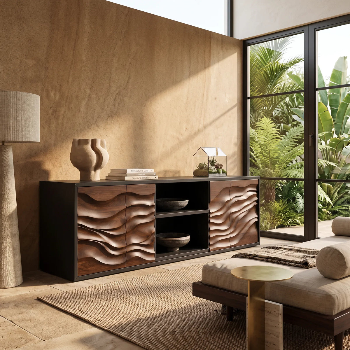 Contemporary Tall Sculpted Sideboard Bright Living Room