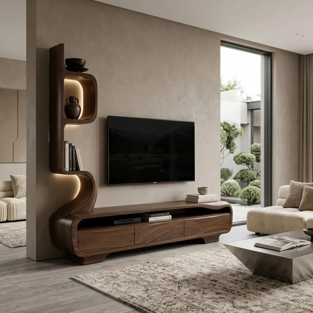 Organic Sculptural TV Console With Display Shelves For Living Room
